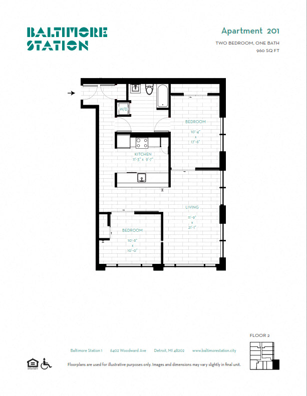 Floor plan for 2 beds, 1 bath, 960 sqft